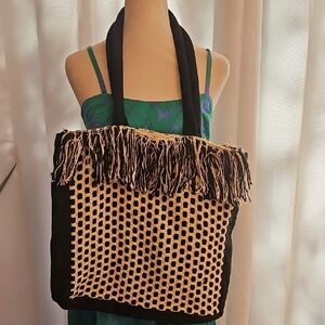 Woven Checked Tote Bag And Attached Zipper Pouch